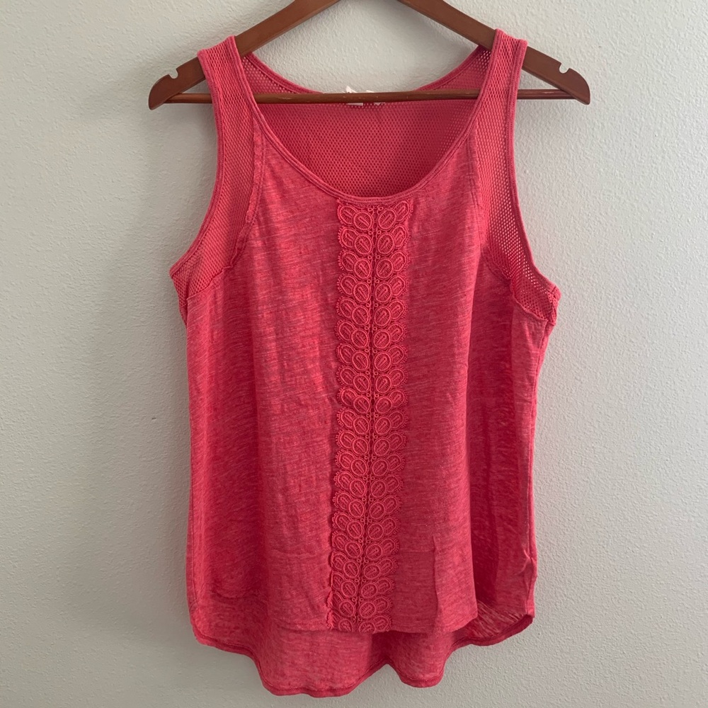 Kensie Top with Mesh/Macrame Detail, Coral, XL